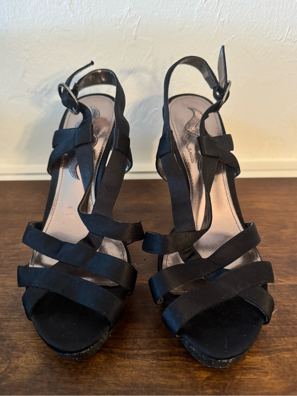 Nina Black Strappy Open-Toe Slingback Heels